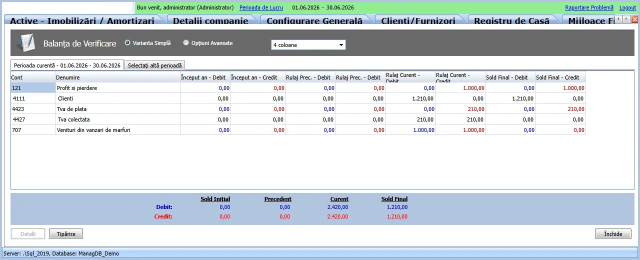 Balanța de Verificare: rulaje 2.420 = 2.420, sold final 1.210 = 1.210