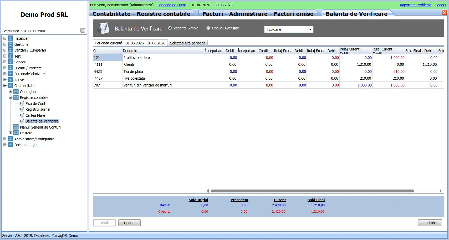 Balanța de Verificare: rulaje 2.420 = 2.420, sold final 1.210 = 1.210