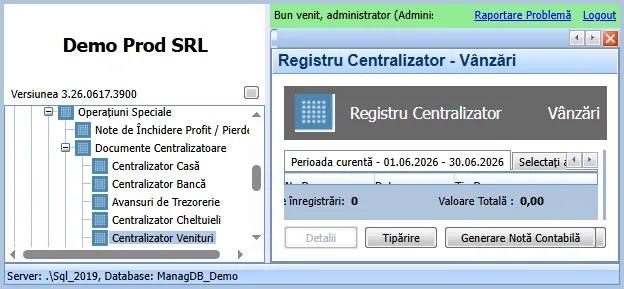 Registrul Centralizator - Vânzări, cu butonul Generare Notă Contabilă